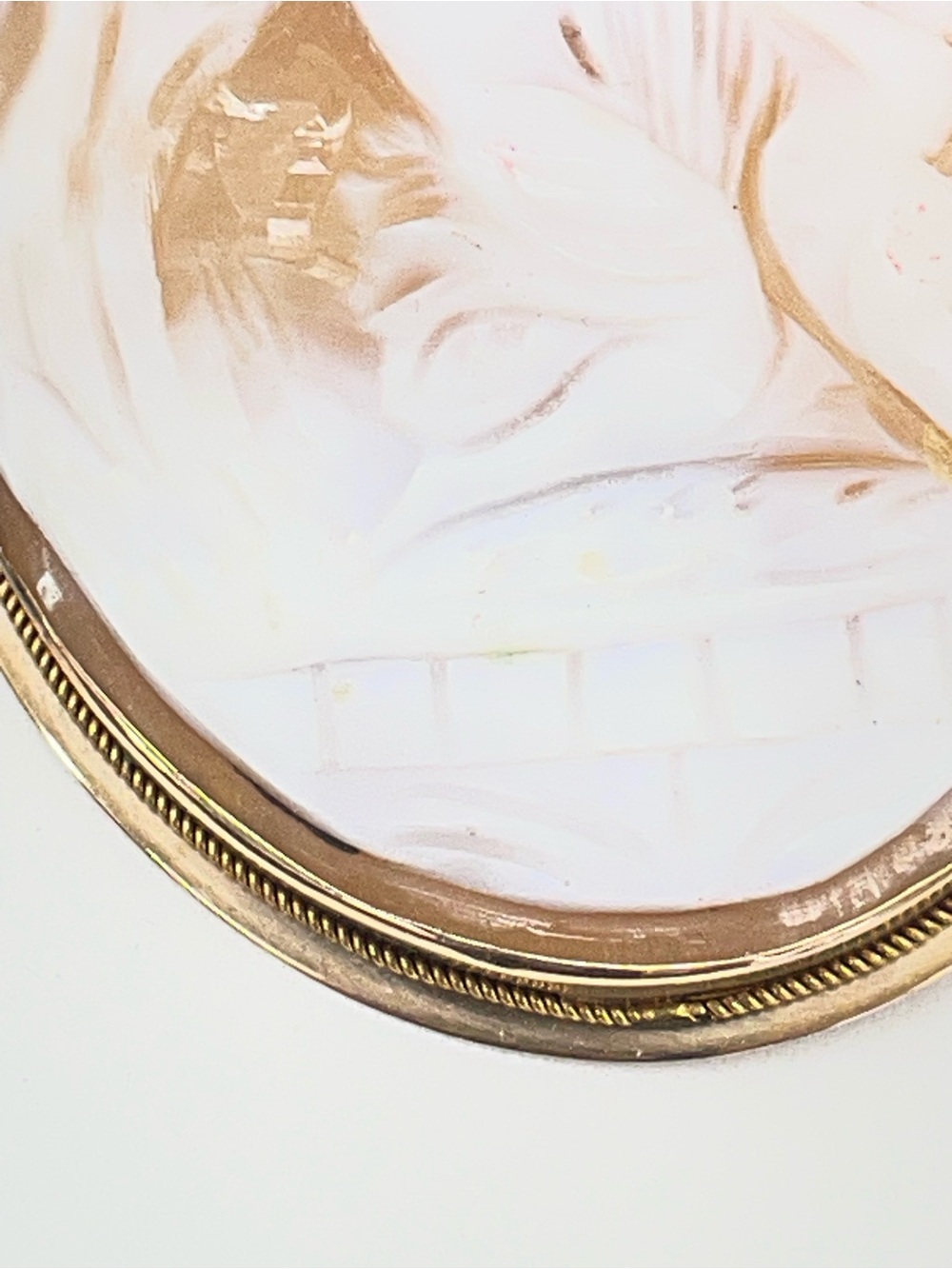 Carved Shell Cameo Brooch in White and Warm Brown with Gold Frame - Picture 11 of 13